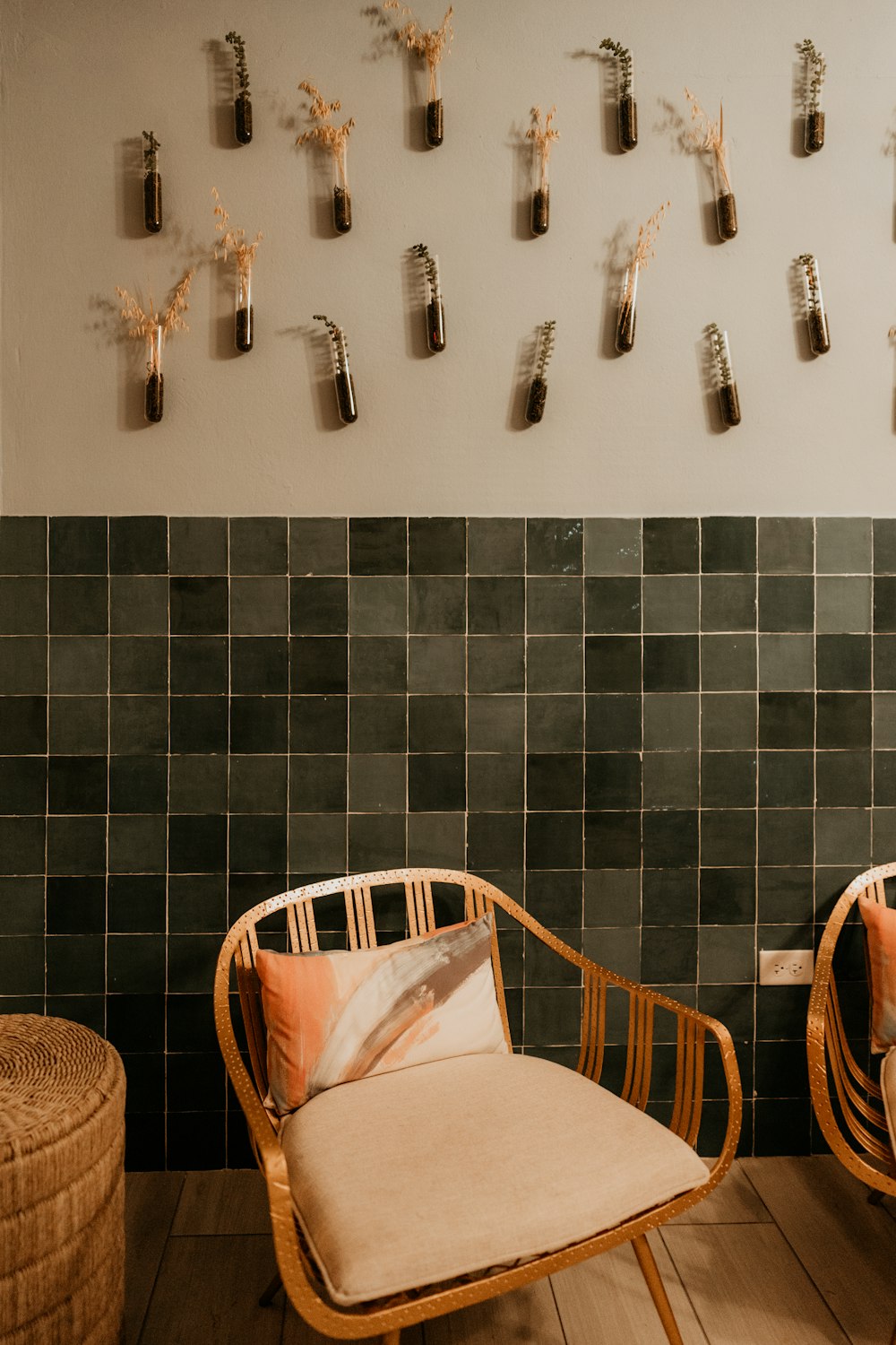 white and brown wicker armchair