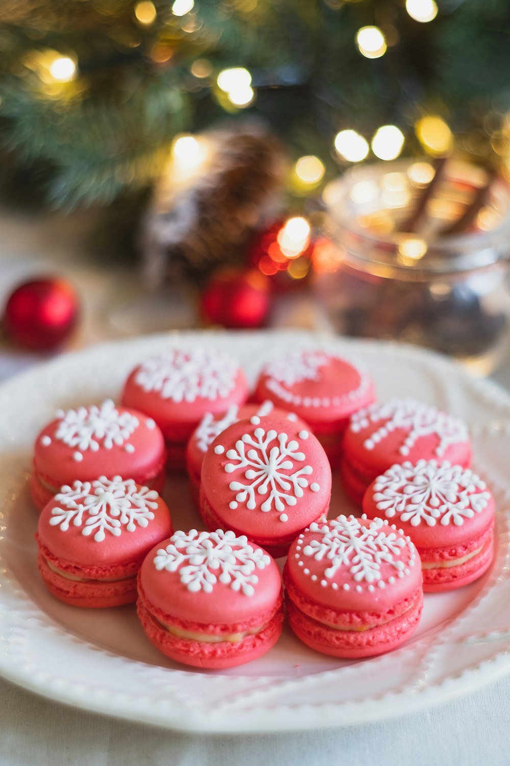 red and white floral round ornament