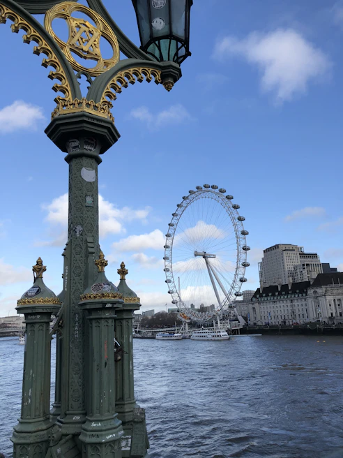 The iconic London Eye and Big Ben framed by a clear blue sky, bustling with happy tourists.