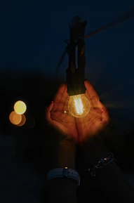 A close-up of hands sharing a light bulb to symbolize ideas about money and growth.