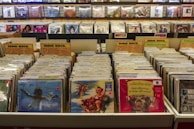 A record store display features numerous vinyl records organized in bins with labels like 'Indie Rock' and 'Punk/Hardcore.' Album covers are visible on the front of some records, while others are partially obscured. The background has shelves with more records displayed upright, and a sign that reads 'DJ Headquarters' is partially visible at the top.