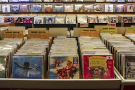 A record store display features numerous vinyl records organized in bins with labels like 'Indie Rock' and 'Punk/Hardcore.' Album covers are visible on the front of some records, while others are partially obscured. The background has shelves with more records displayed upright, and a sign that reads 'DJ Headquarters' is partially visible at the top.