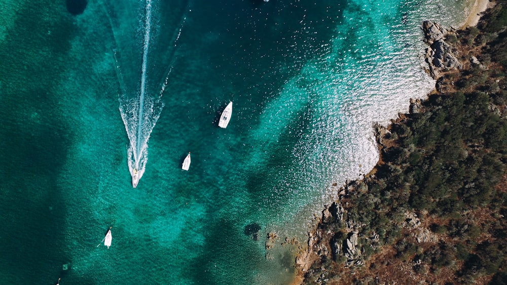 Veduta aerea della barca bianca sul mare durante il giorno