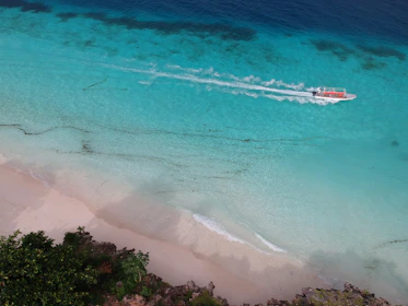 Aerial view of a private speedboat cruising near the white sandy beaches of Saona Island.