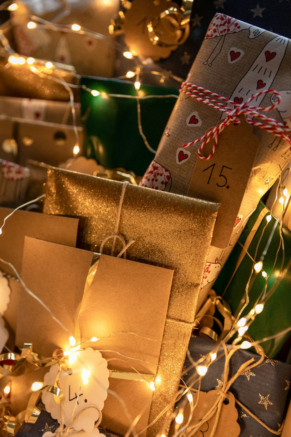 brown and red gift boxes