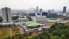 An aerial view of a large urban area featuring a mix of modern high-rise buildings and lower structures with distinctive green roofs, set against a backdrop of a sprawling cityscape. The lush greenery and landscaped gardens are visible in the foreground, contrasting with the dense urban environment.
