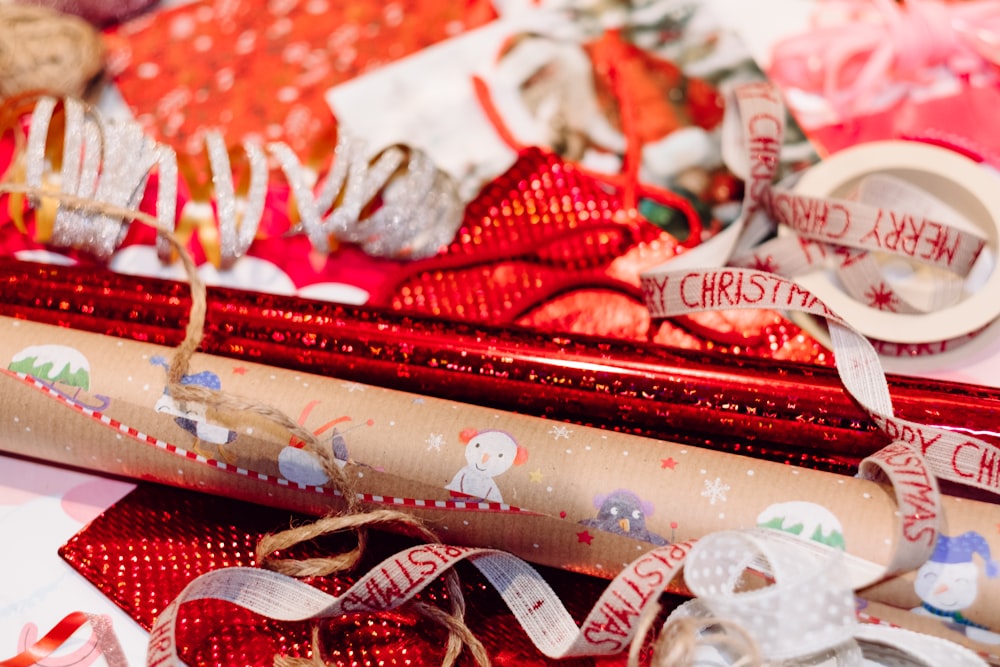 Christmas wrapping paper and ribbons