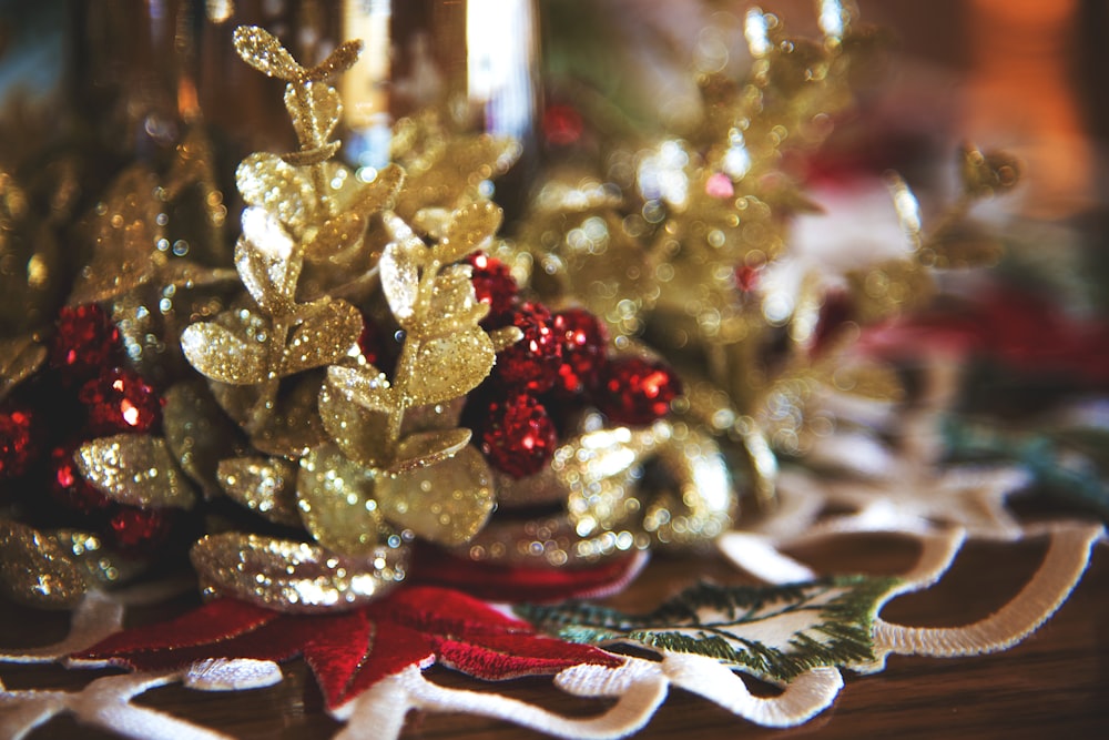 gold and red christmas baubles