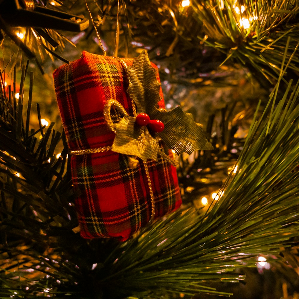 red and white plaid textile on green christmas tree