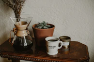 An inviting coffee setup with Vayo's boxed coffee, a French press, and a small vase of flowers.