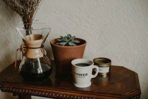 An inviting coffee setup with Tazza coffee pack, a ceramic mug, and a small plant on a windowsill.