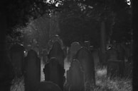 A dark, spooky graveyard scene with tombstones and creeping fog.