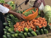 A market scene featuring fresh produce including cucumbers, carrots, and green beans. Two hands are visible; one holds an orange basket filled with green beans and carrots, while the other is reaching to take a carrot from the display.