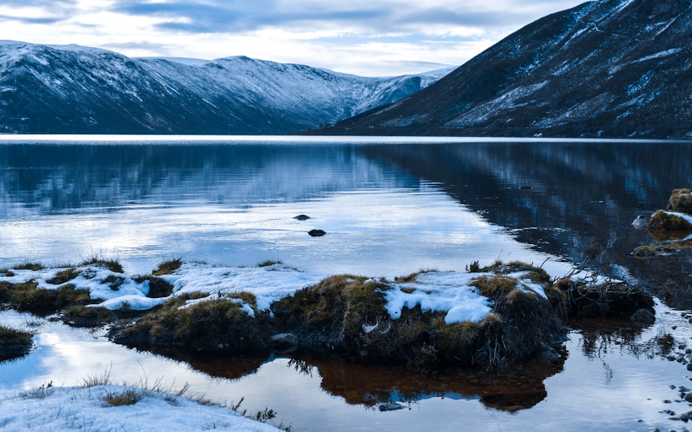 a body of water surrounded by snow covered mountains