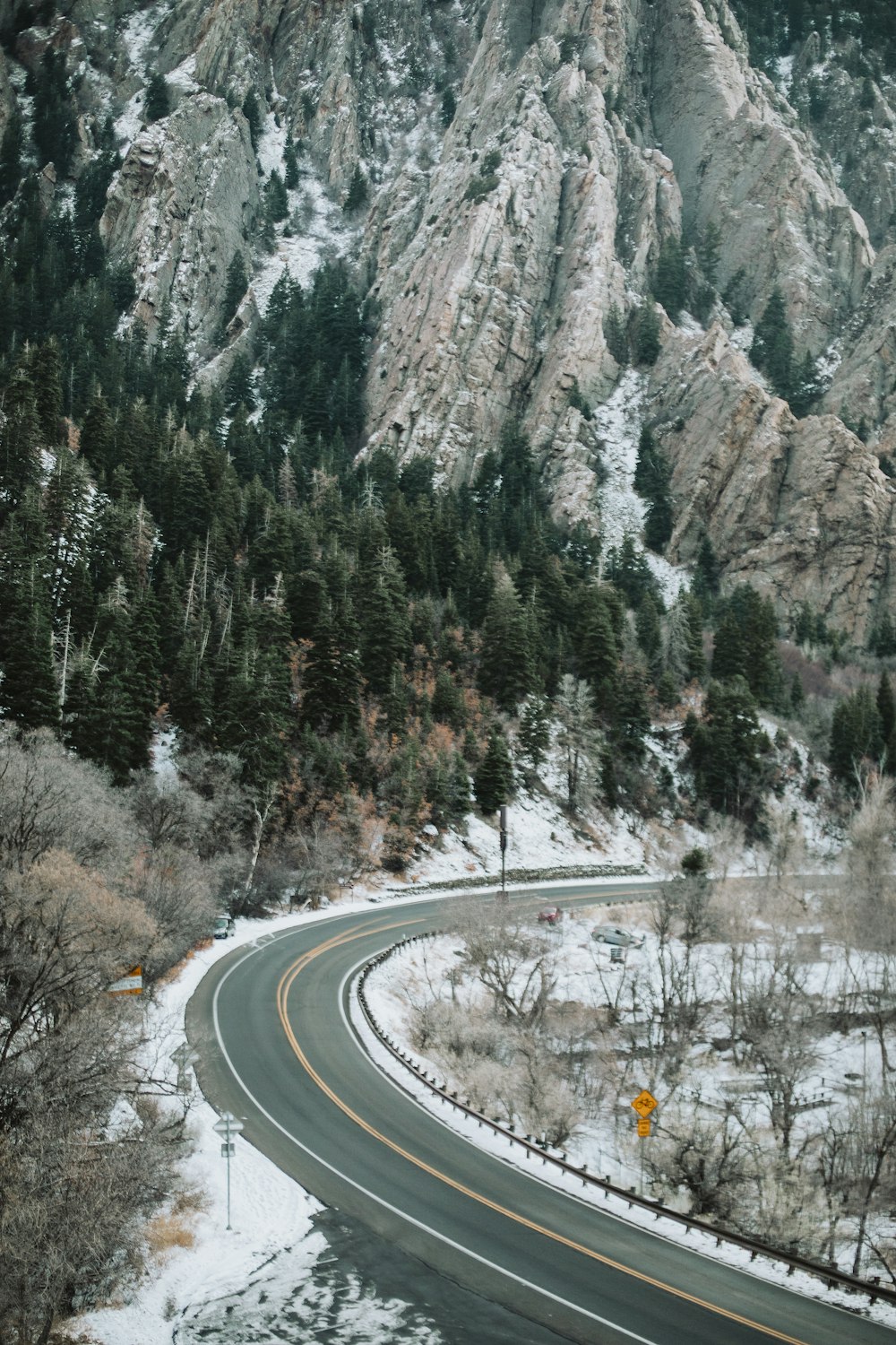 gray concrete road between trees and mountain during daytime