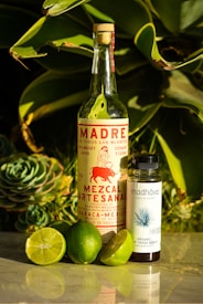 A bottle of artisanal mezcal labeled 'Madre de Todos Los Muertos' stands next to a smaller bottle of organic fair trade agave syrup. Surrounding them are several fresh limes, one of which is cut open. The background features lush green succulent leaves, creating a vibrant and natural setting.