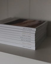 A stack of neatly arranged religious books with white covers displayed on a shelf, each titled with a different book of the Bible.