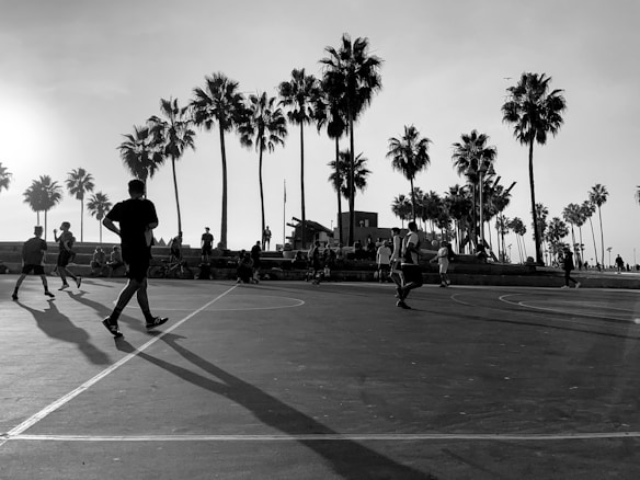 A group of people are playing on a basketball court surrounded by tall palm trees. The sun is low in the sky, casting long shadows across the court. Some individuals are actively engaged in the game while others are sitting on the sidelines.