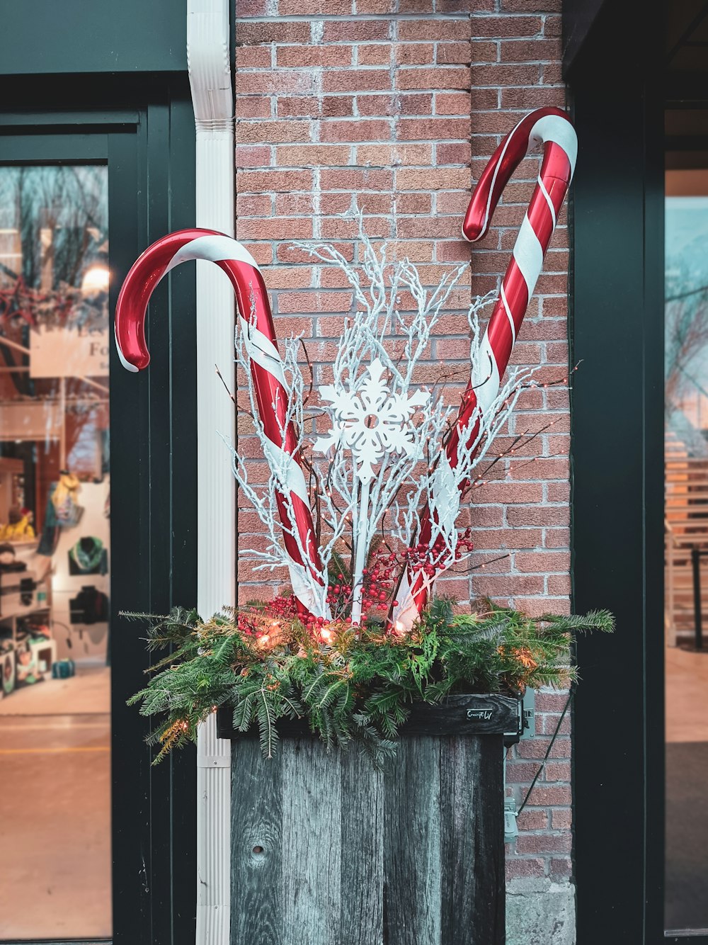 red and white candy cane on black pot