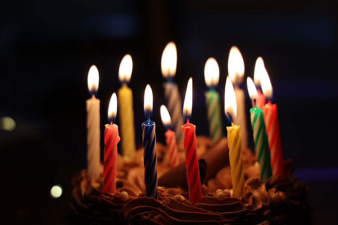Lit birthday candles on a chocolate cake
