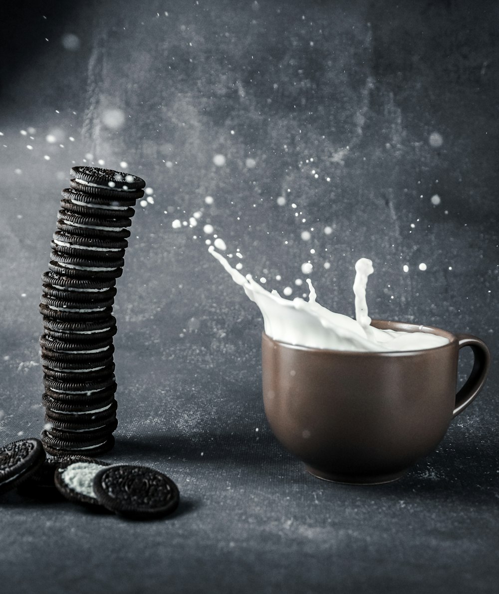 brown ceramic mug with white liquid