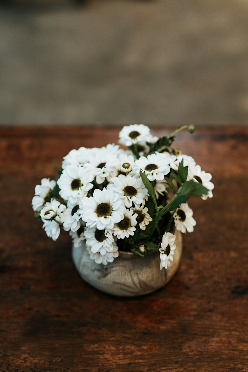 white flowers on brown wooden vase