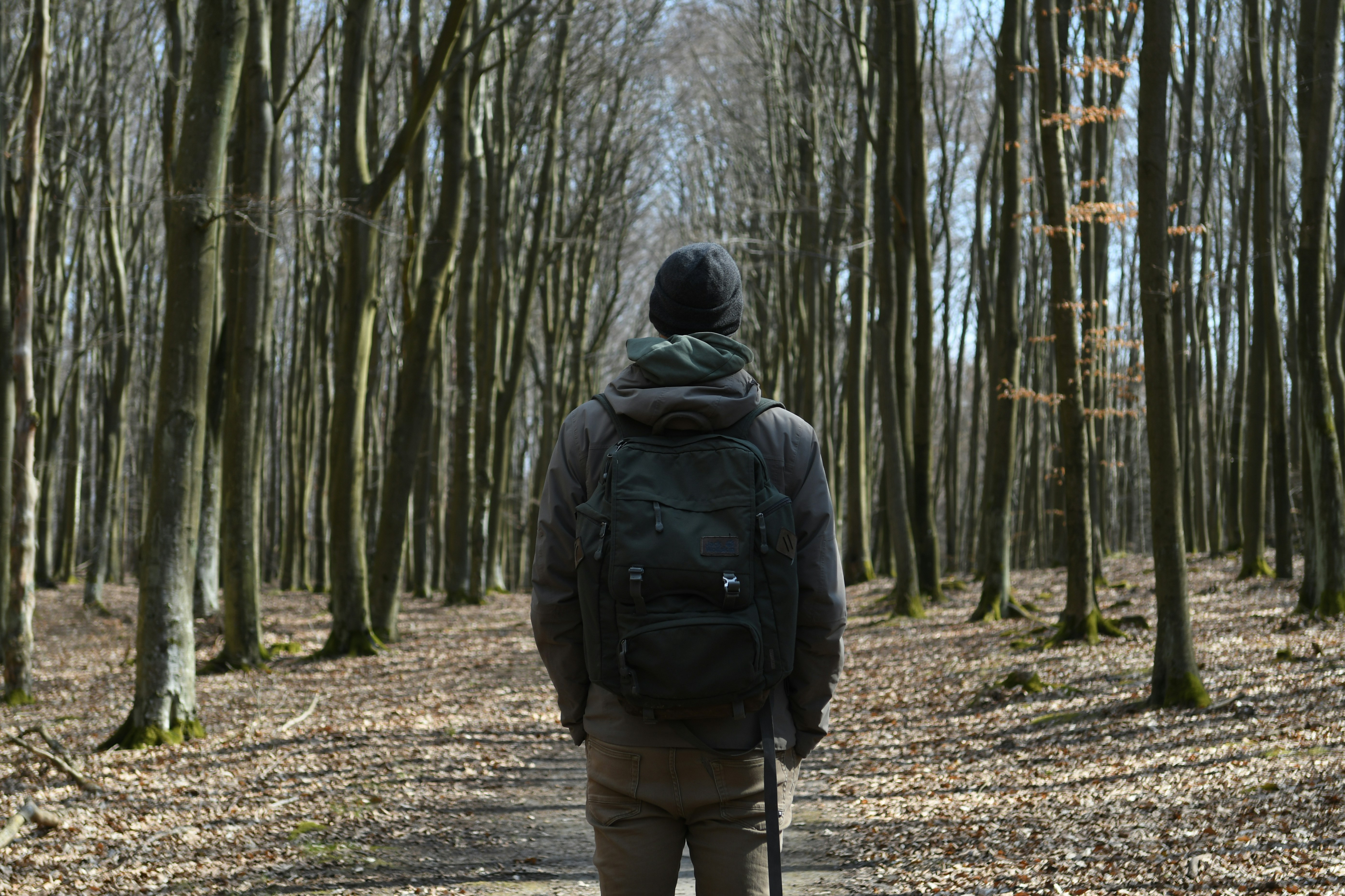 person in black jacket and gray pants standing on brown dirt road in forest during daytime