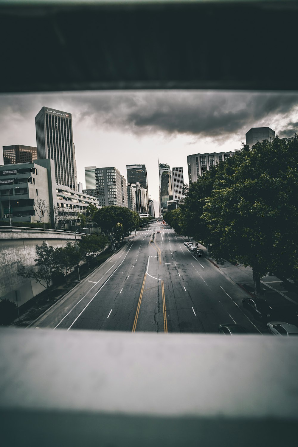 Photo en niveaux de gris d’une route entre des immeubles de grande hauteur