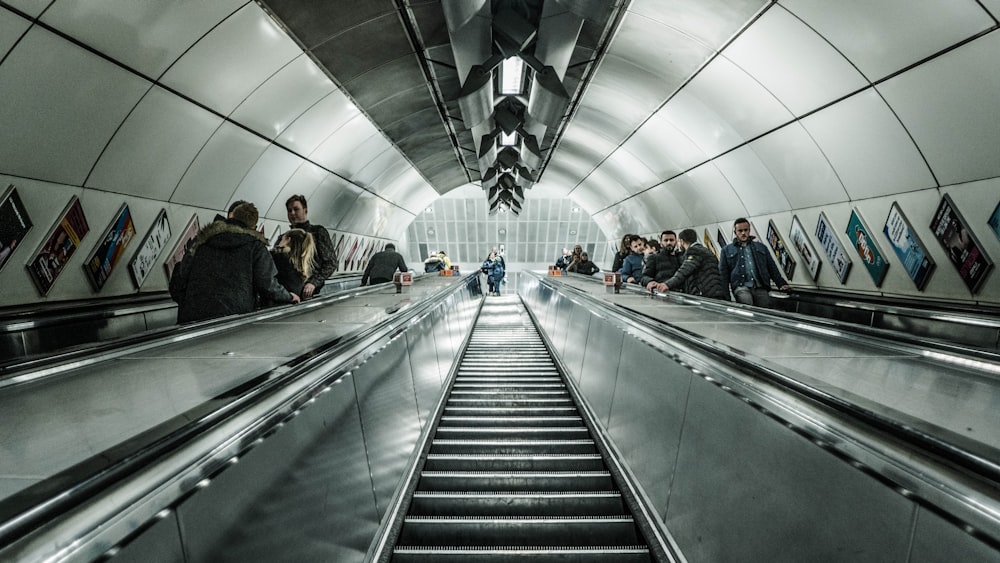 people walking on escalator inside building