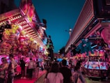 A vibrant carnival scene with various game stalls on either side. The stalls are brightly lit with colorful lights, and a large array of stuffed animals and toys are displayed as prizes. People are gathered around, some playing games and others watching. The sky is a deep blue, indicating it is dusk.