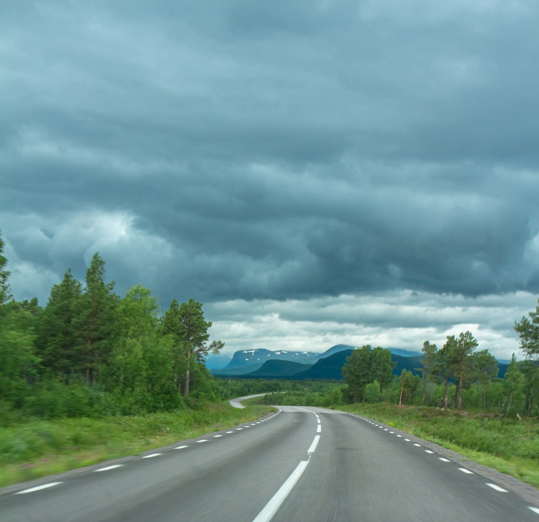 gray asphalt road between green trees under white clouds and blue sky during daytime