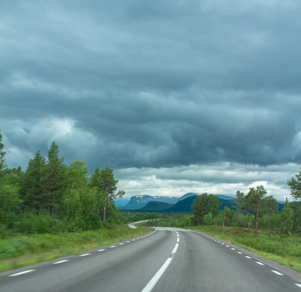 gray asphalt road between green trees under white clouds and blue sky during daytime