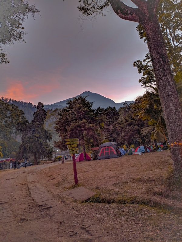 Tents are set up in a rustic campsite surrounded by tall trees. A signpost with arrows is visible, pointing in different directions. The background features a mountain silhouette against a colorful sky, suggesting either sunrise or sunset. Several people are scattered around the campsite area.
