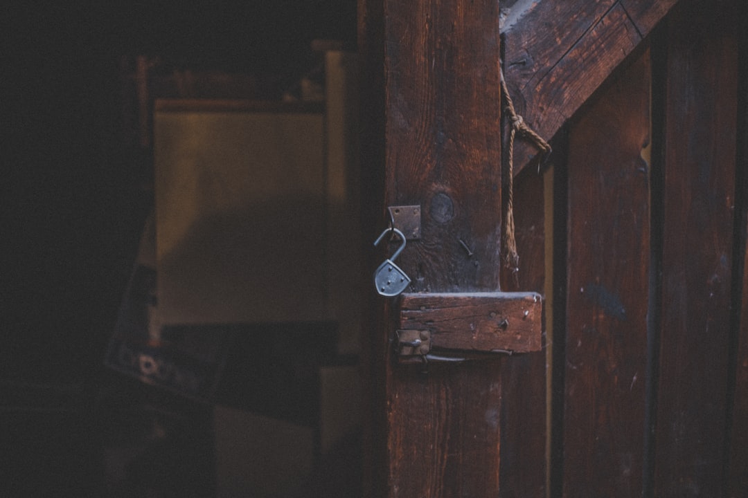 brown wooden door with silver padlock