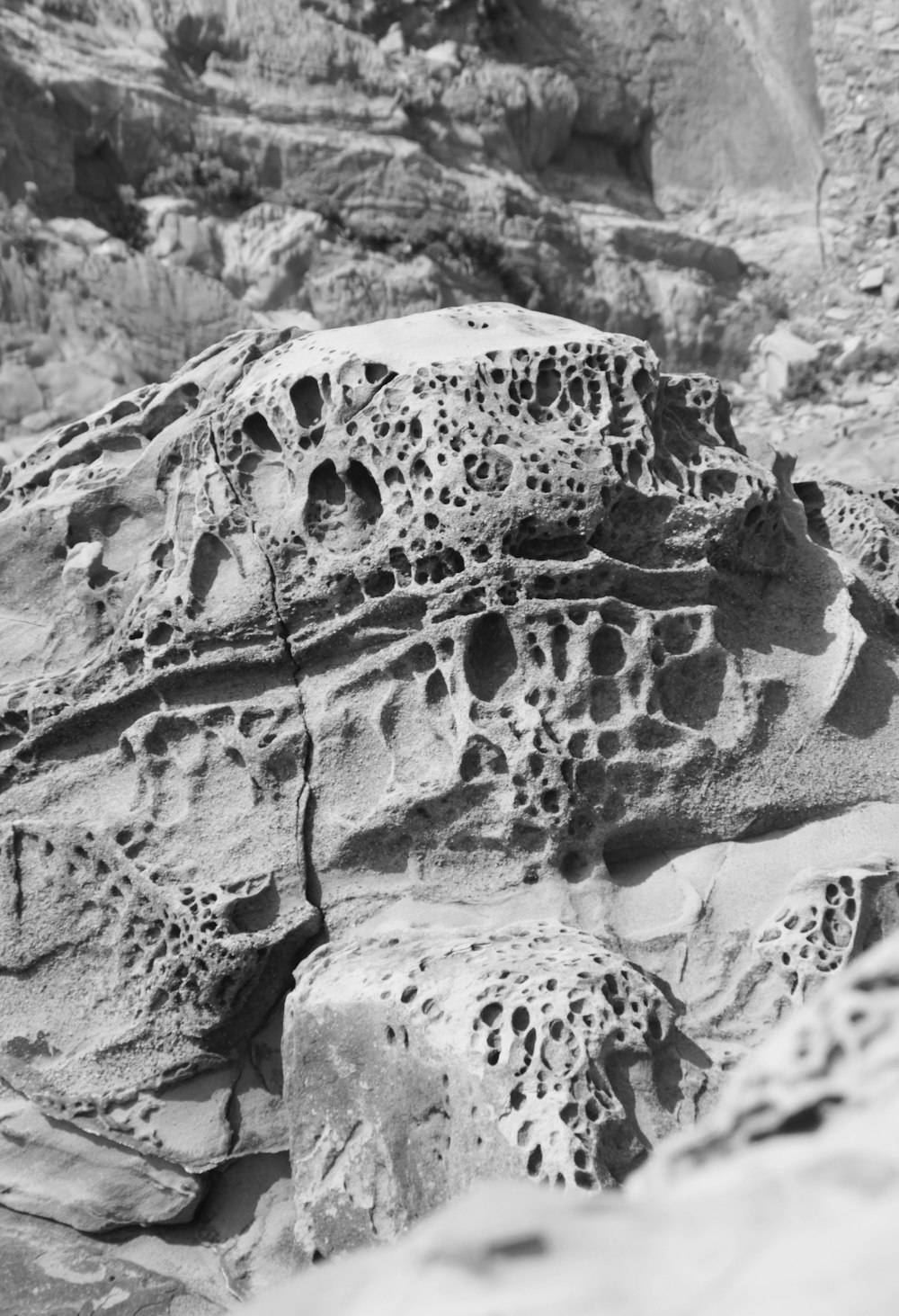 grayscale photo of rock formation