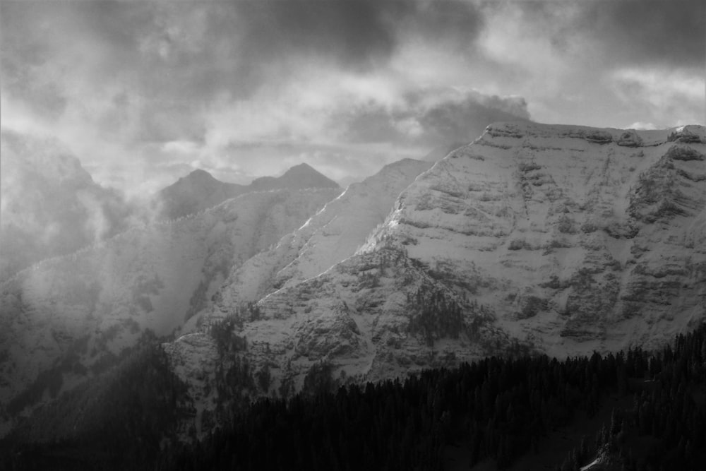 grayscale photo of mountain range