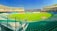 A large, empty cricket stadium with tiered seating in various colors surrounds a well-maintained green field. Tall floodlights are positioned at the top of the stadium, and some maintenance personnel are working on the field. The sky is clear and bright.