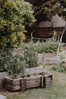 Rustic wooden planter boxes arranged neatly on a terrace with blooming flowers