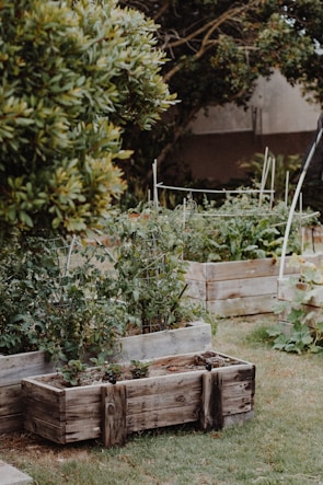 Rustic wooden planter boxes arranged neatly on a terrace with blooming flowers