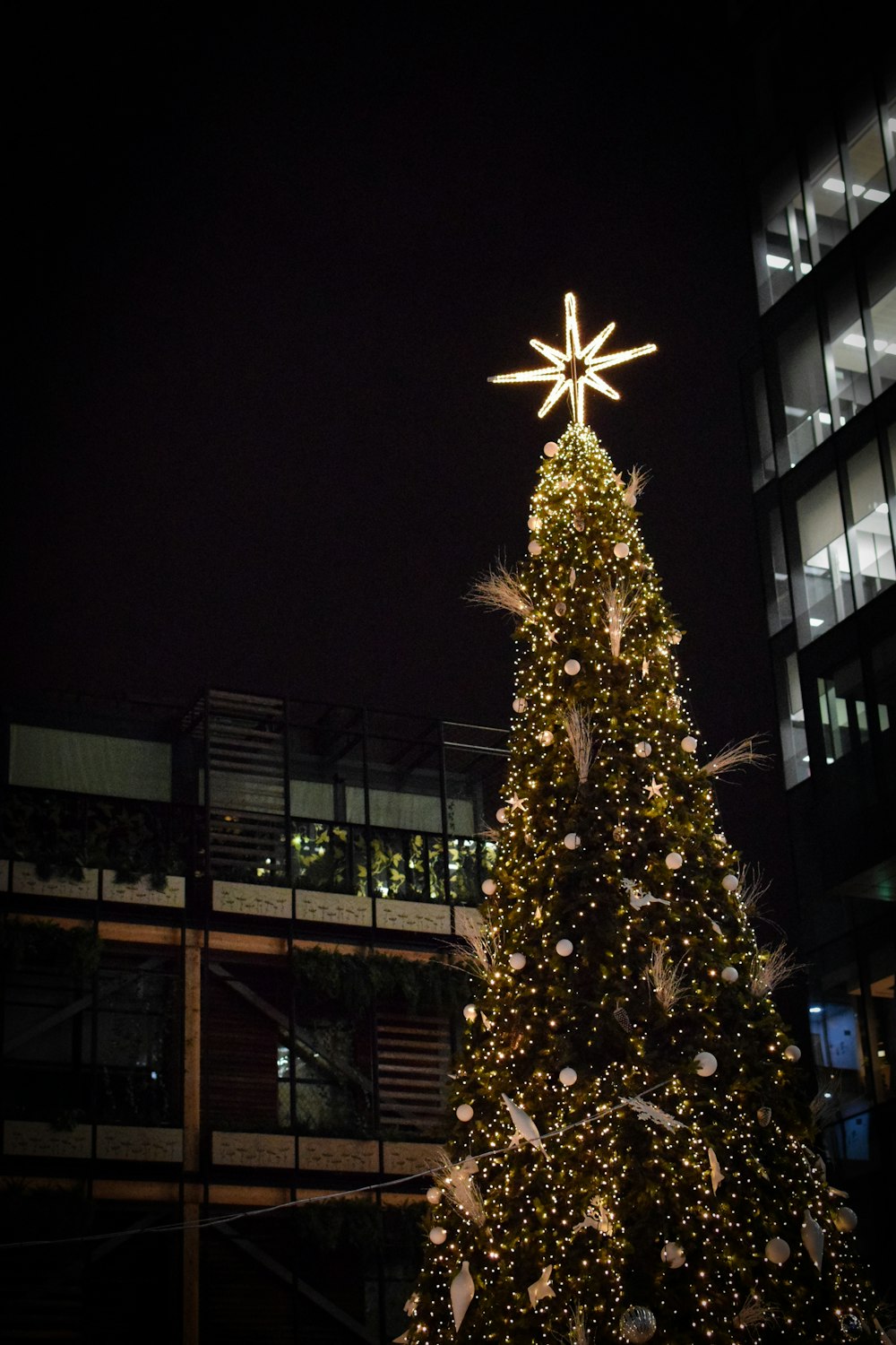 yellow christmas tree with yellow string lights