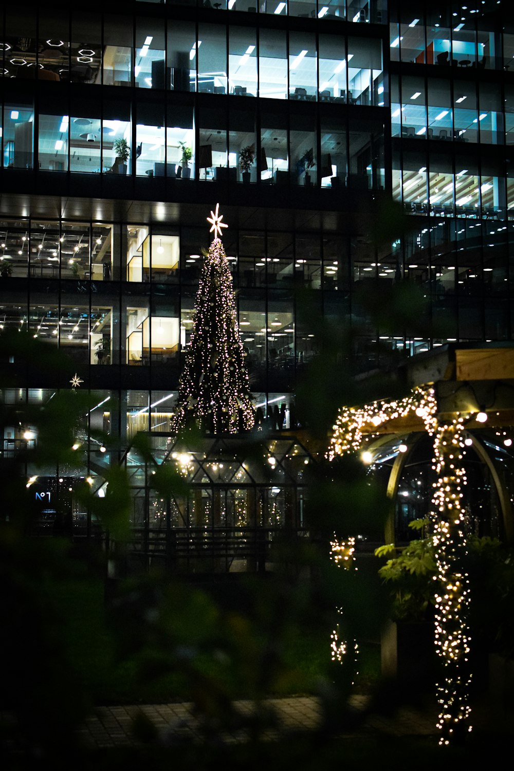 christmas tree with string lights during night time