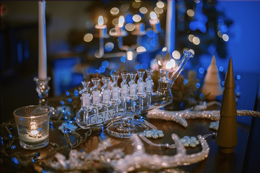 clear glass chandelier with white string lights