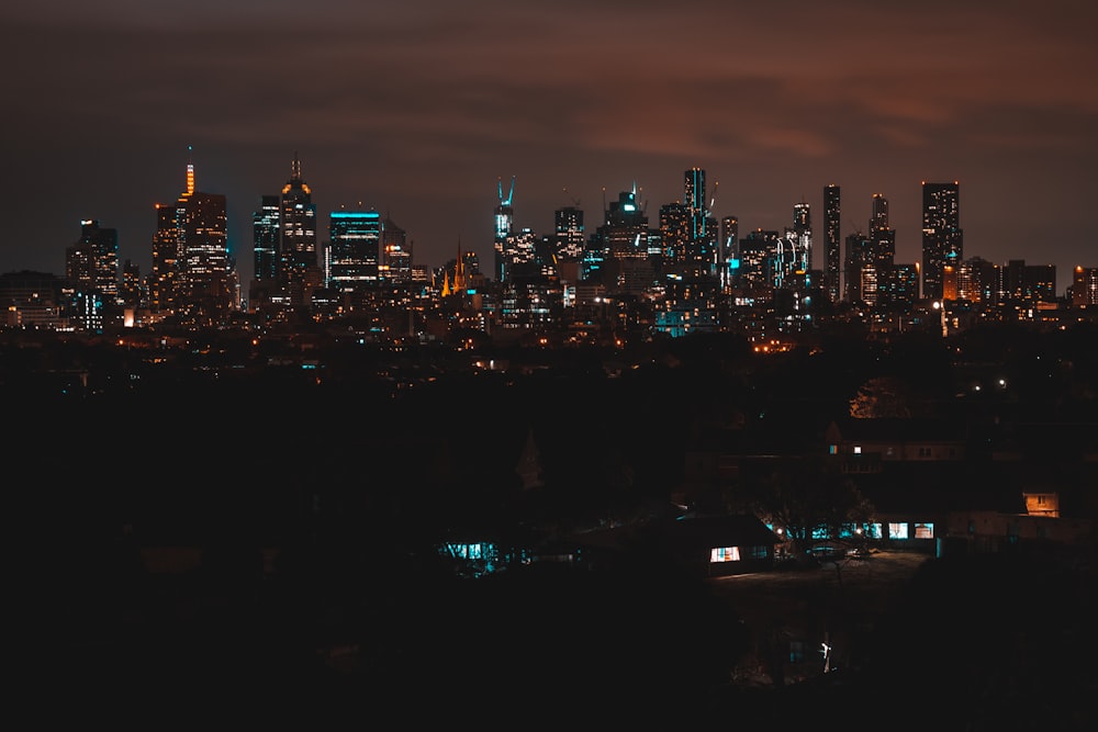 city skyline during night time