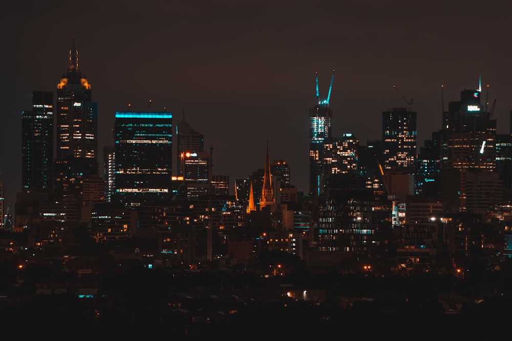 city skyline during night time