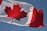 A large red maple leaf is centered on a white square background, with red vertical bars on either side. The flag is slightly rippling in the wind against a clear blue sky.