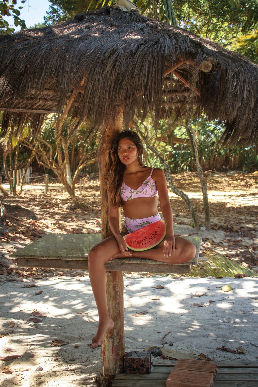 woman in white and red bikini sitting on brown wooden bench under brown tree during daytime