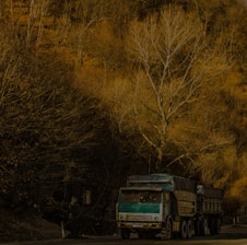 A large freight truck driving on a highway surrounded by green trees