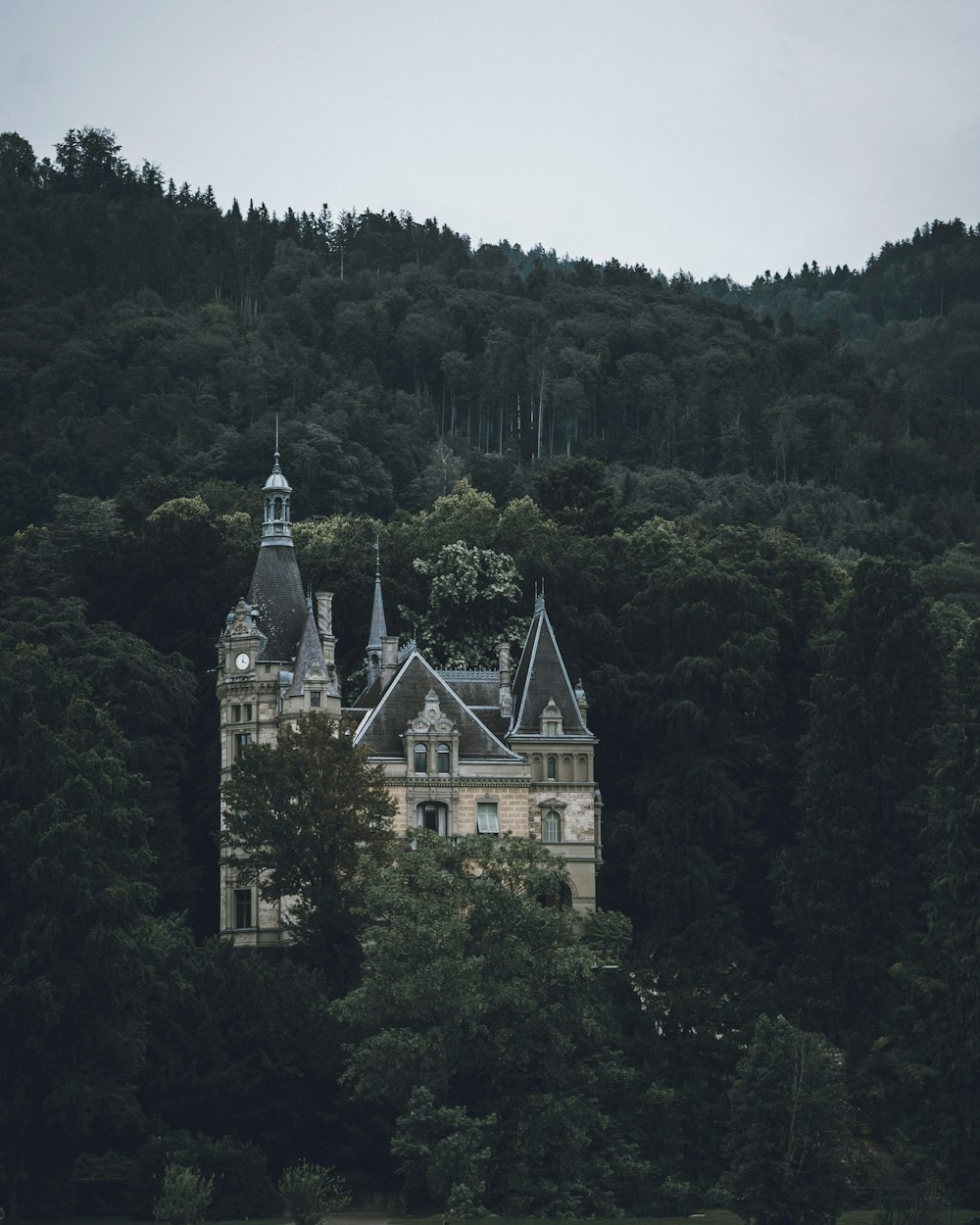 brown and white concrete castle surrounded by green trees under white sky during daytime