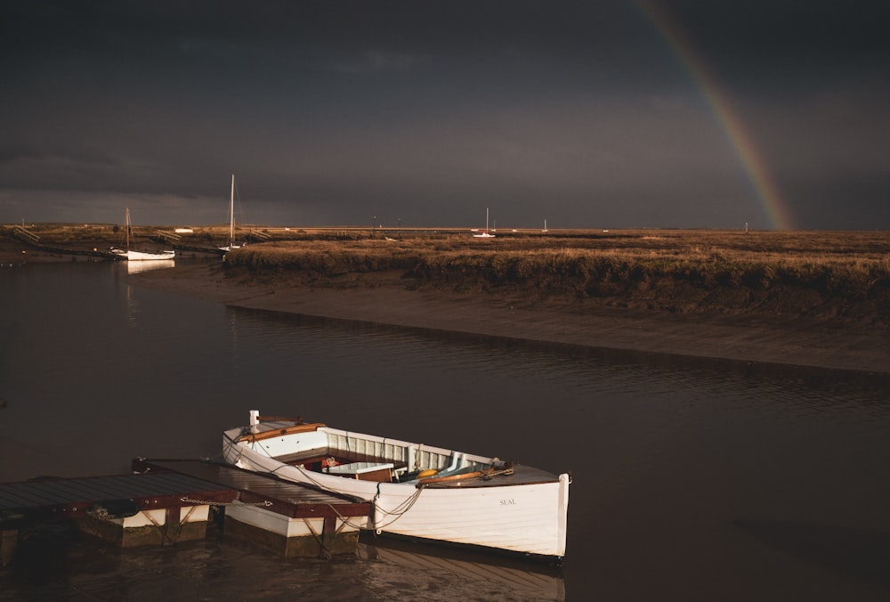 Bote blanco en el cuerpo de agua durante la noche