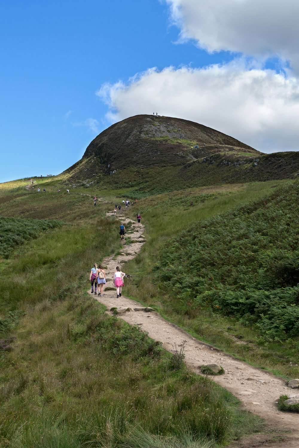 people walking on dirt road near green mountain under blue sky during daytime